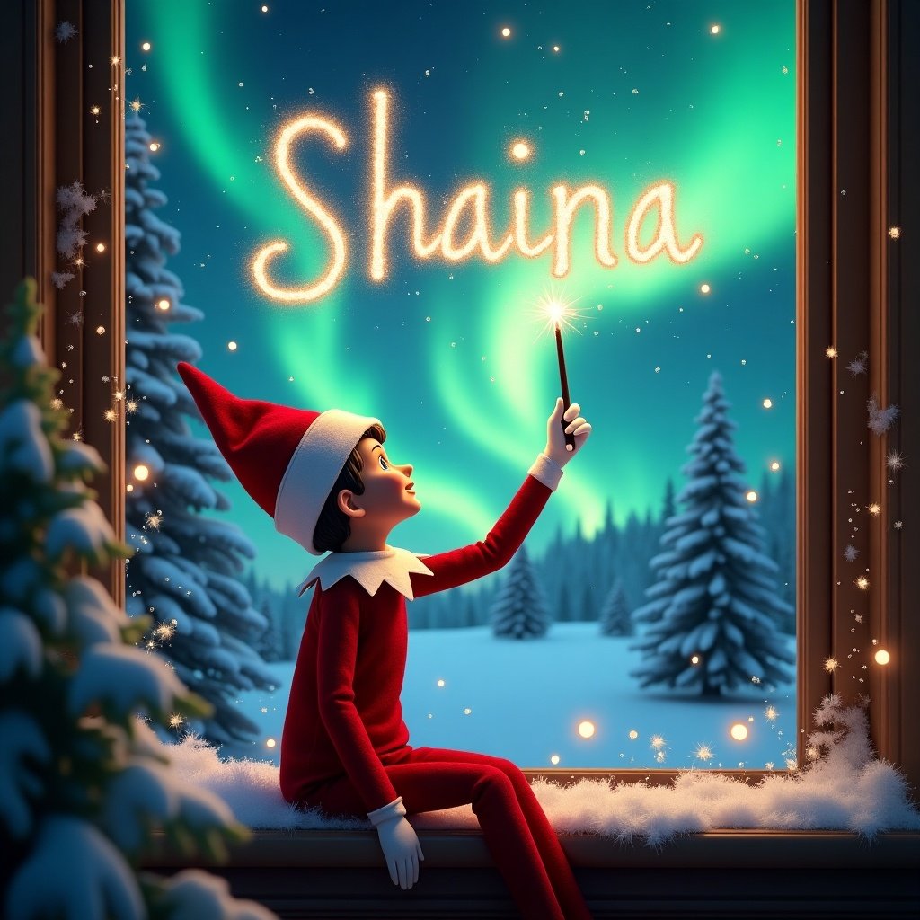 Elf on the shelf sits on windowsill gazing at sky. The elf uses wand to create magical sparks. Background features vibrant northern lights and snow-covered pine trees. Elf wears festive red outfit with white trim. Sparks form name Shaina above.