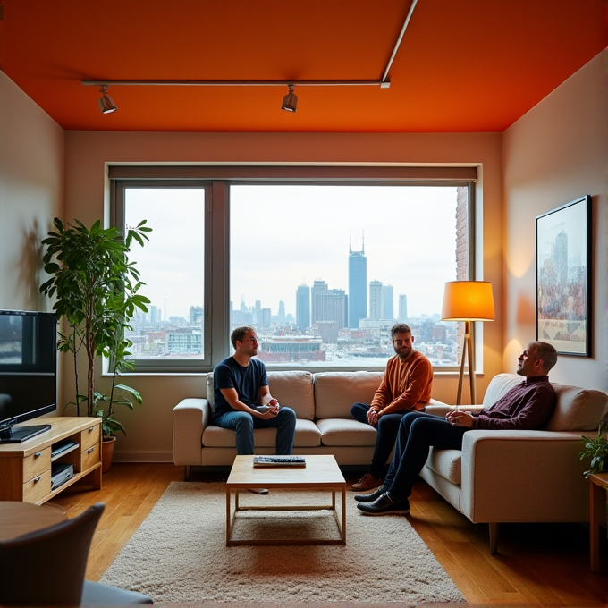 Three men sit comfortably on couches in a modern living room with a city skyline visible through a large window.