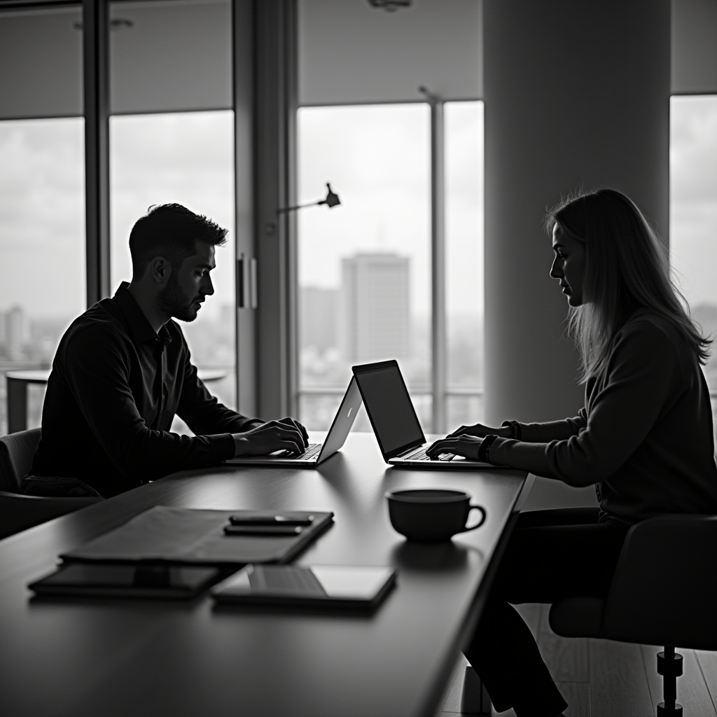 The image depicts two people sitting opposite each other at a table, both focused on their laptops. The setting looks professional, possibly an office, with large windows in the background letting in natural light. The figures are silhouetted, creating a dramatic contrast against the bright outside view, which shows a cityscape with tall buildings. On the table are other items such as a notepad, a pen, a tablet, and a cup, contributing to the business-like atmosphere.