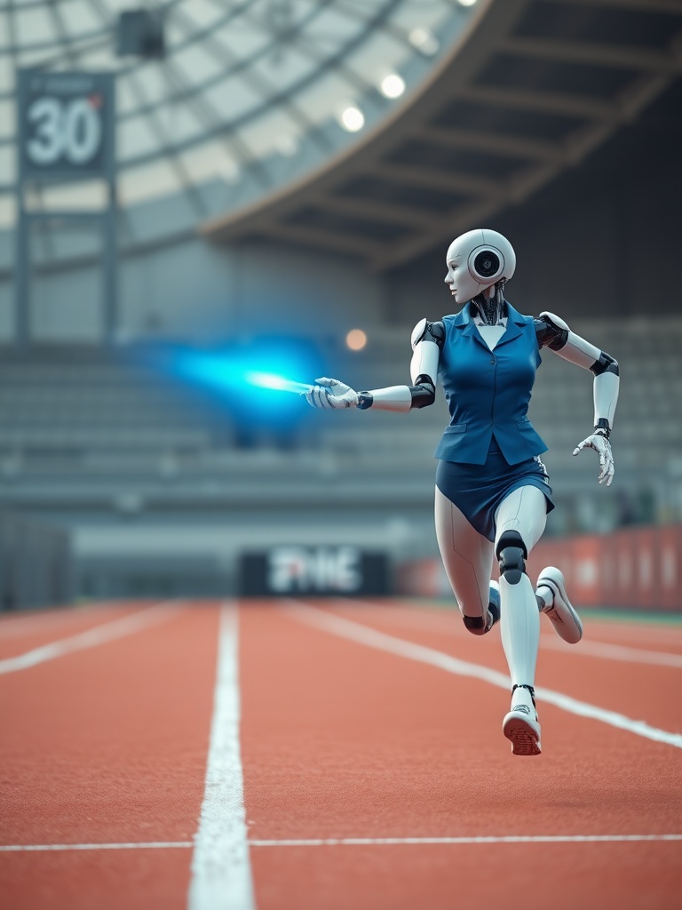 A futuristic scene depicting a humanoid robot sprinting on a modern athletic track, holding a glowing blue baton.