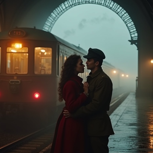 Foggy 1940s European train station at dawn with misted glass windows and intricate arches. Steam rises from the tracks. A couple stands in an emotional embrace near a train. The woman wears a faded red coat and holds a leather diary. The man is in a soldier's uniform. The scene is backlit by warm dim lanterns. Dust motes are illuminated in golden light. The atmosphere suggests a bittersweet farewell and timelessness.