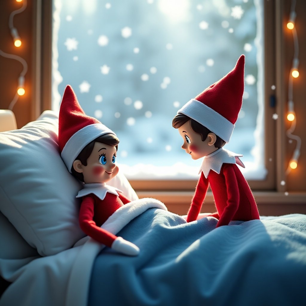 Elf on the Shelf in hospital setting. One elf has blue eyes and is lying in a hospital bed. Another elf with brown eyes is sitting beside the bed. The background shows a snowy scene outside a window with fairy lights.