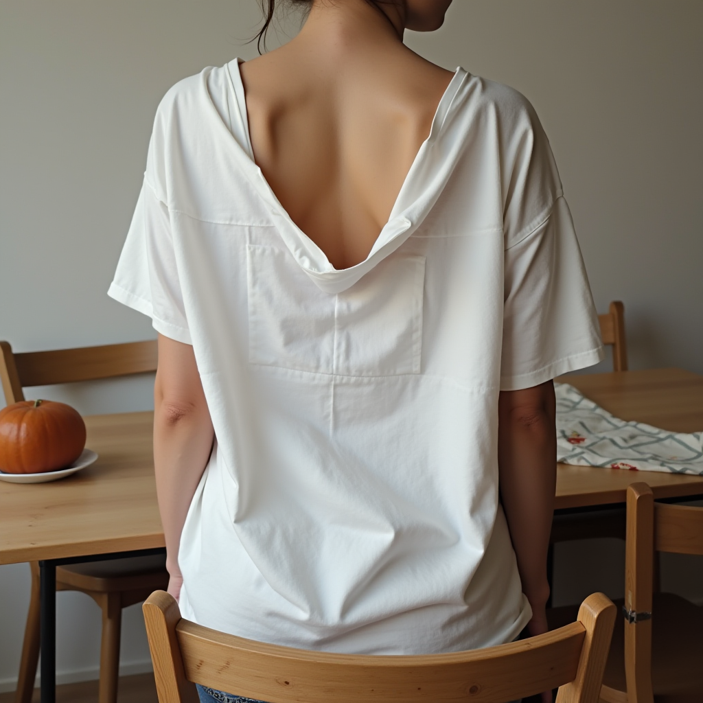 A person in a casual white top stands by a dining table with a small pumpkin.