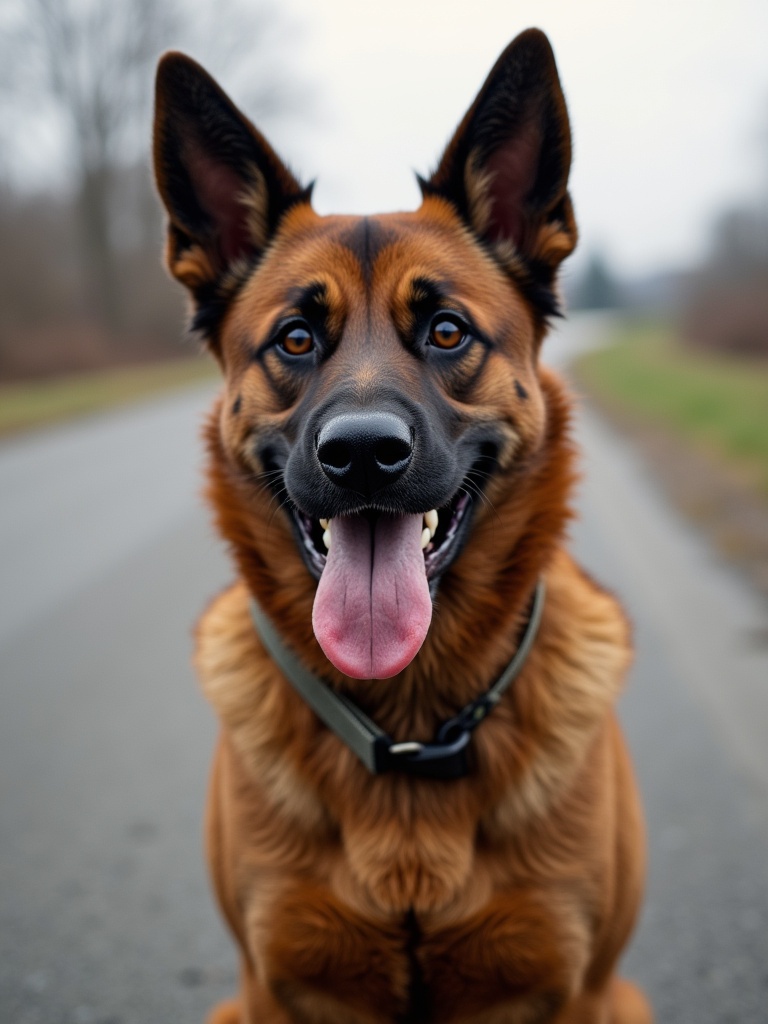 A German Shepherd dog sits proudly on an empty road during the day. Fur is shiny brown and black. Dog's tongue is out and expression appears joyful. Background is blurred with trees on either side of the road. Soft natural lighting helps highlight the dog.