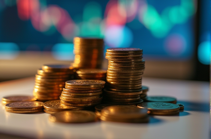 A close-up of piles of shiny gold coins placed on a reflective surface with a colorful, abstract bokeh background of charts.