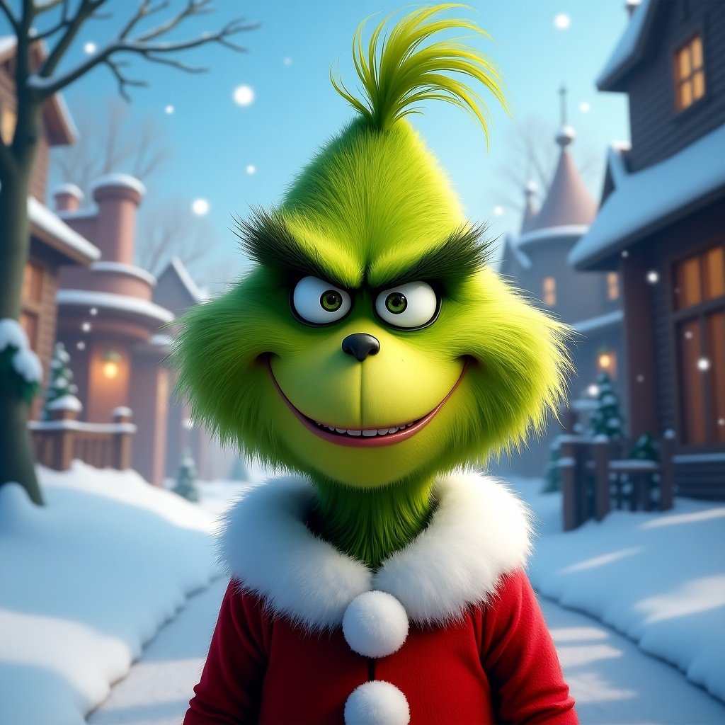 Image of Grinch in a snowy Christmas setting. Grinch wearing a red Santa outfit with white fur trim.