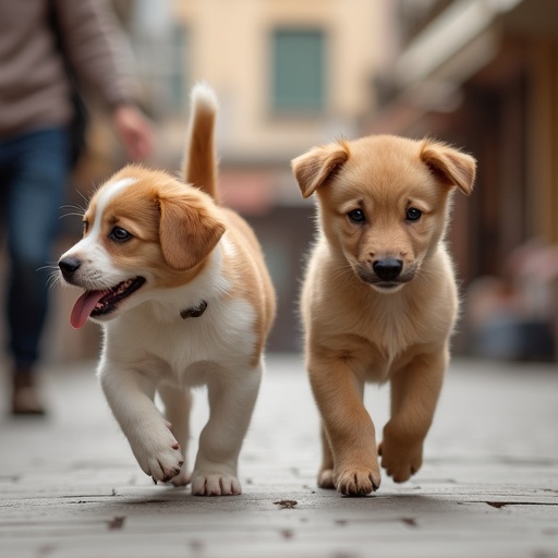 Two puppies walking together in a market. One puppy is brown and white while the other is cream. They look playful and happy. The background shows a market atmosphere.