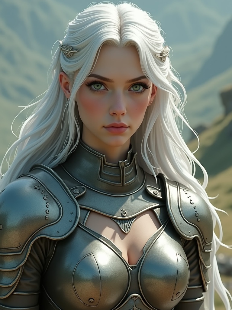 Young woman with long white hair wearing shiny armor. She has striking green eyes. The armor features elegant and detailed designs. Set in a fantasy landscape with soft light.