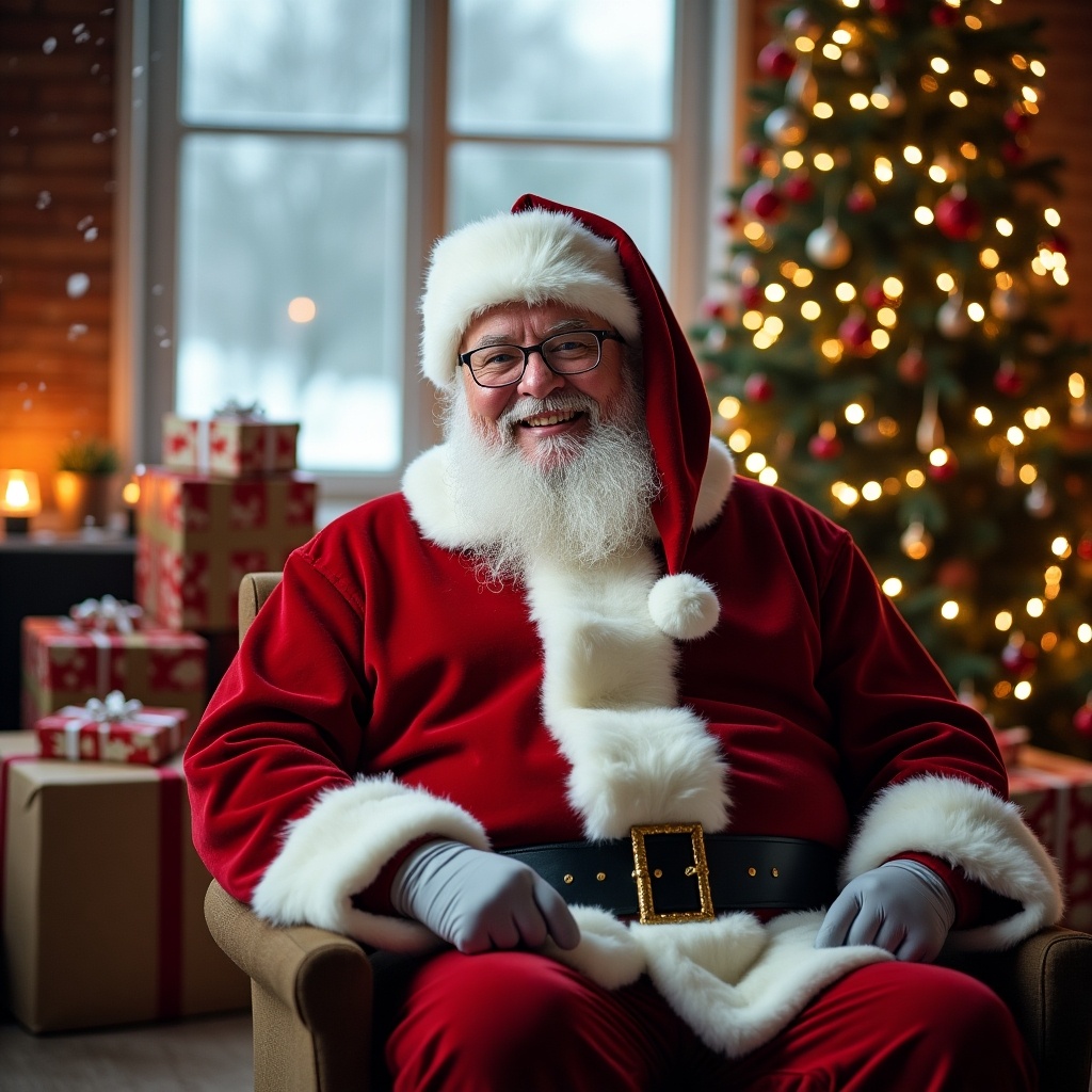 Santa Claus sitting in a cozy room with gifts around him. Christmas decorations and snow visible outside the window.