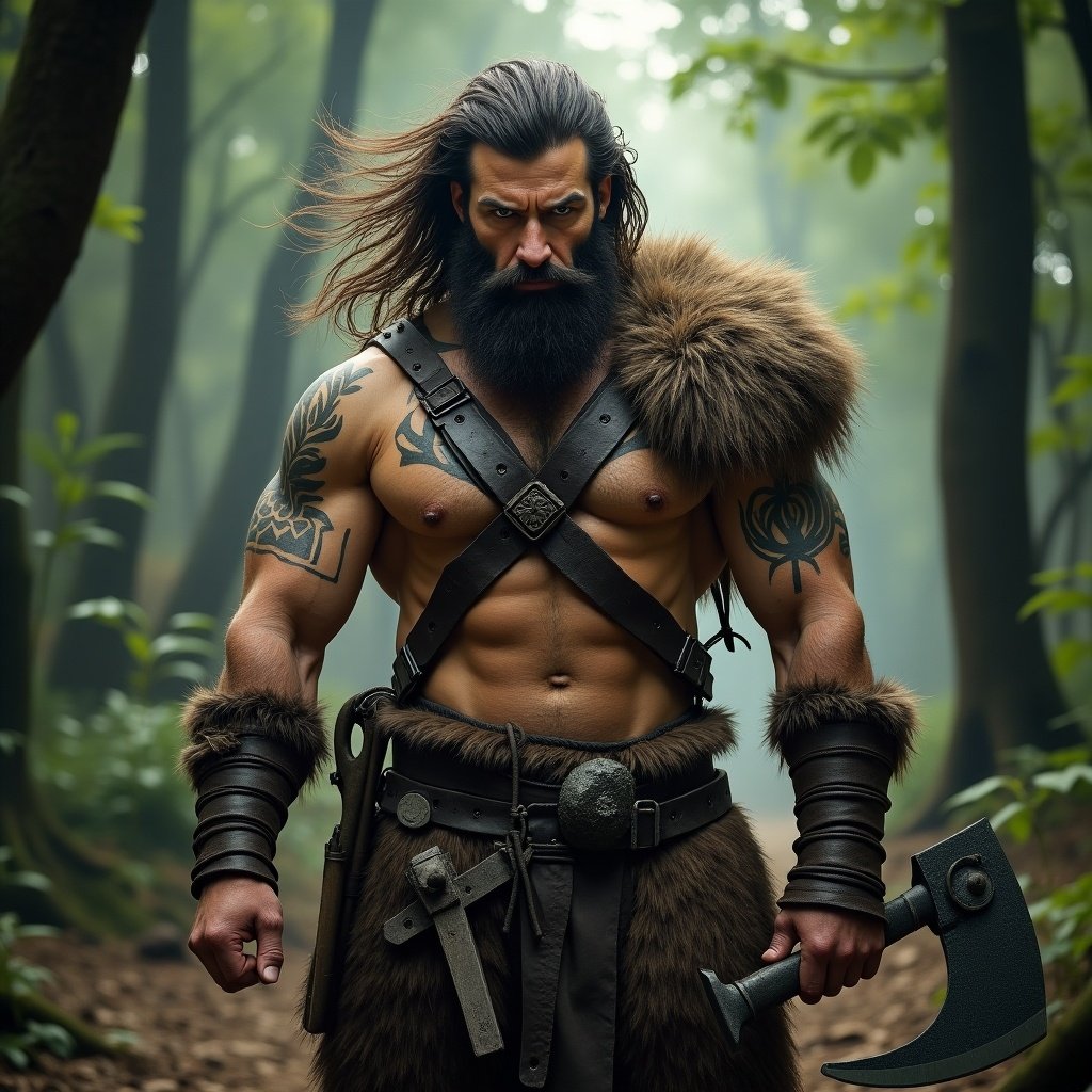 Portrait of a muscular barbarian warrior. The character has a thick beard, tribal tattoos, and a fur cape. He wields an axe and stands confidently in a lush forest setting. Strong emphasis on facial features and warrior attire.