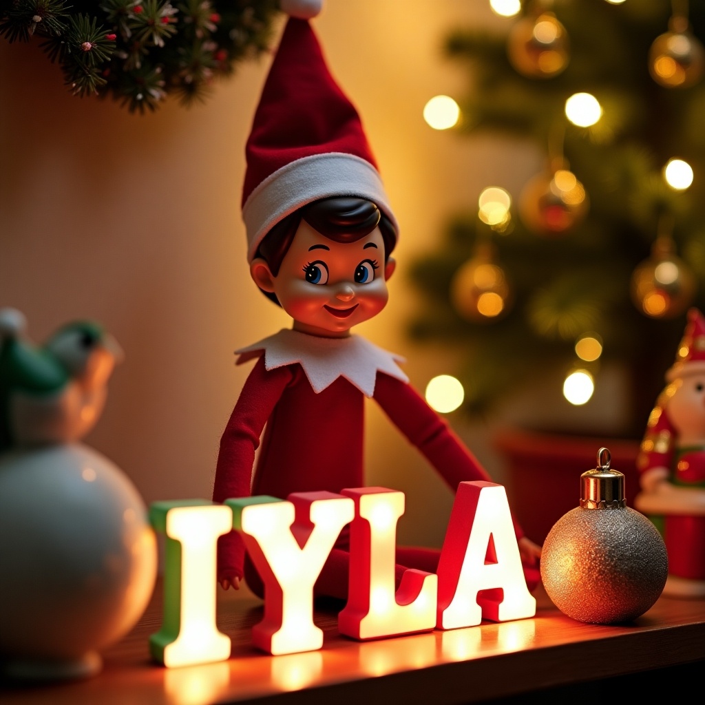 A cheerful elf on the shelf is in a vibrant Christmas scene, wearing a red and white outfit. The elf is joyfully writing the name 'IYLA' in colorful letters that are lit up. Surrounding the elf are festive decorations, including a decorated tree and twinkling lights. The background has a warm, inviting atmosphere that evokes holiday cheer. This enchanting scene captures the essence of Christmas magic, making it perfect for family celebrations and personalized gifts.