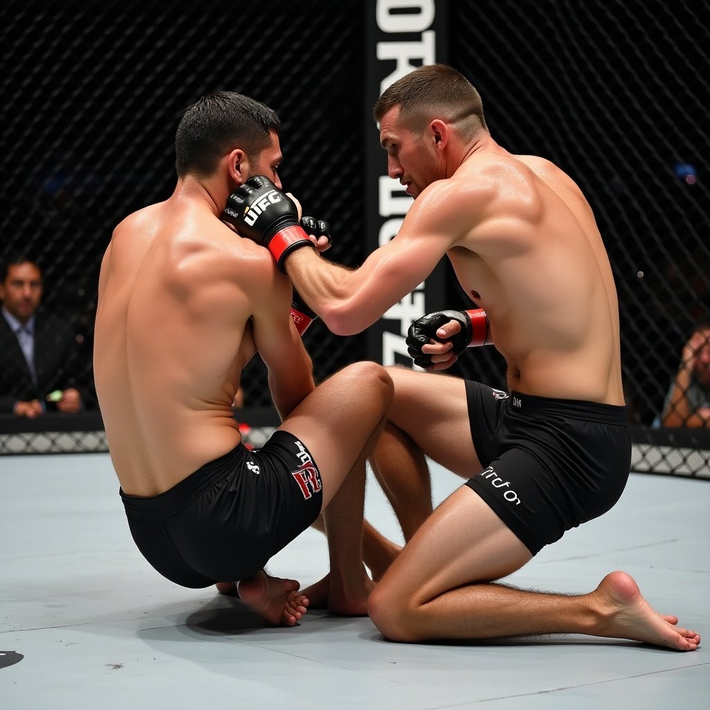 Two fighters engaged in grappling on the mat in an MMA match. Both display athleticism and focus. Intense atmosphere with sweat and determination visible. Strength and agility are evident in their movements.