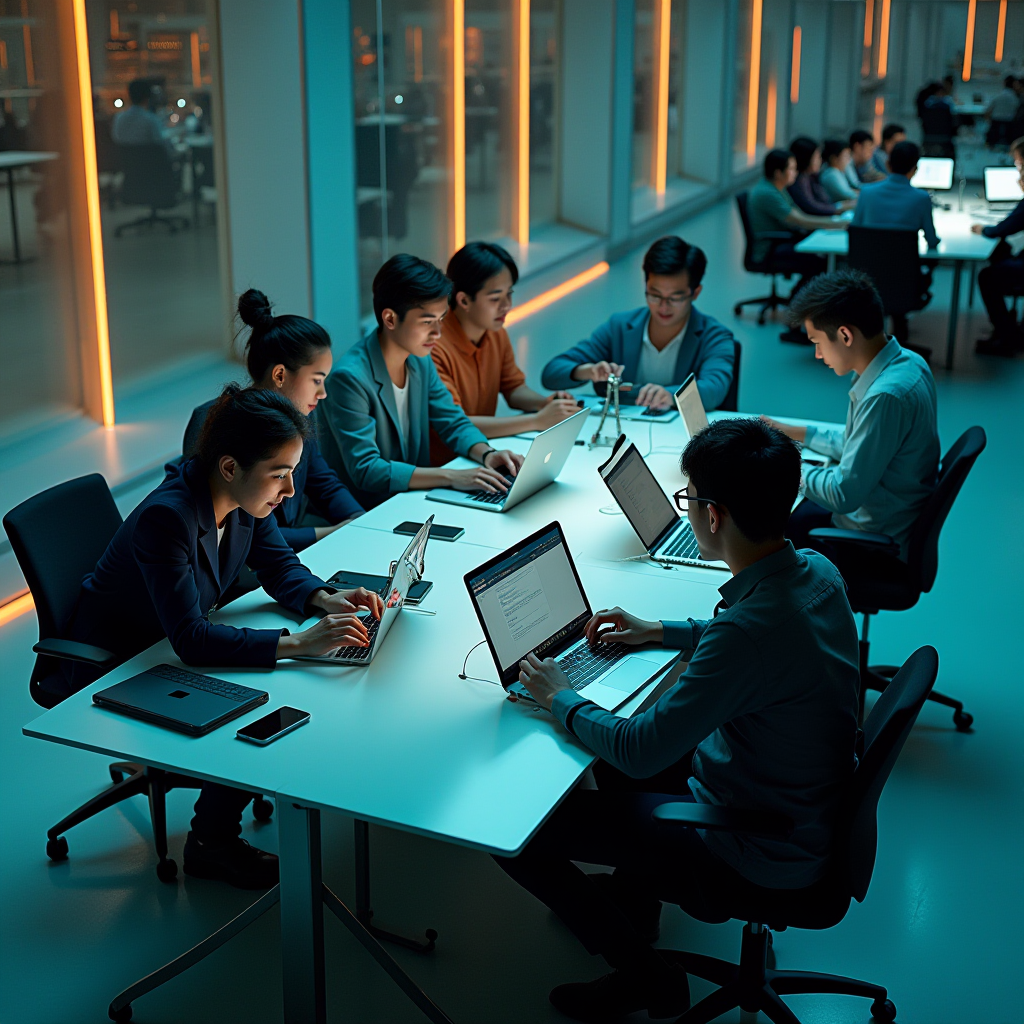 A team of focused professionals working late into the night in a modern, tech-driven office.