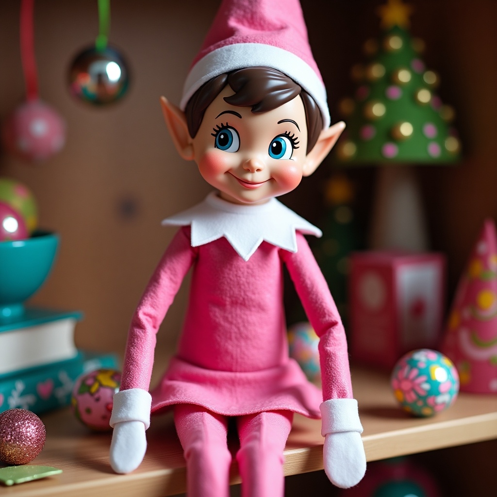 A pink elf doll displayed on a shelf among festive decorations. The elf has a joyful expression and is dressed in a pink outfit with white accents. Colorful ornaments and a miniature Christmas tree are nearby.