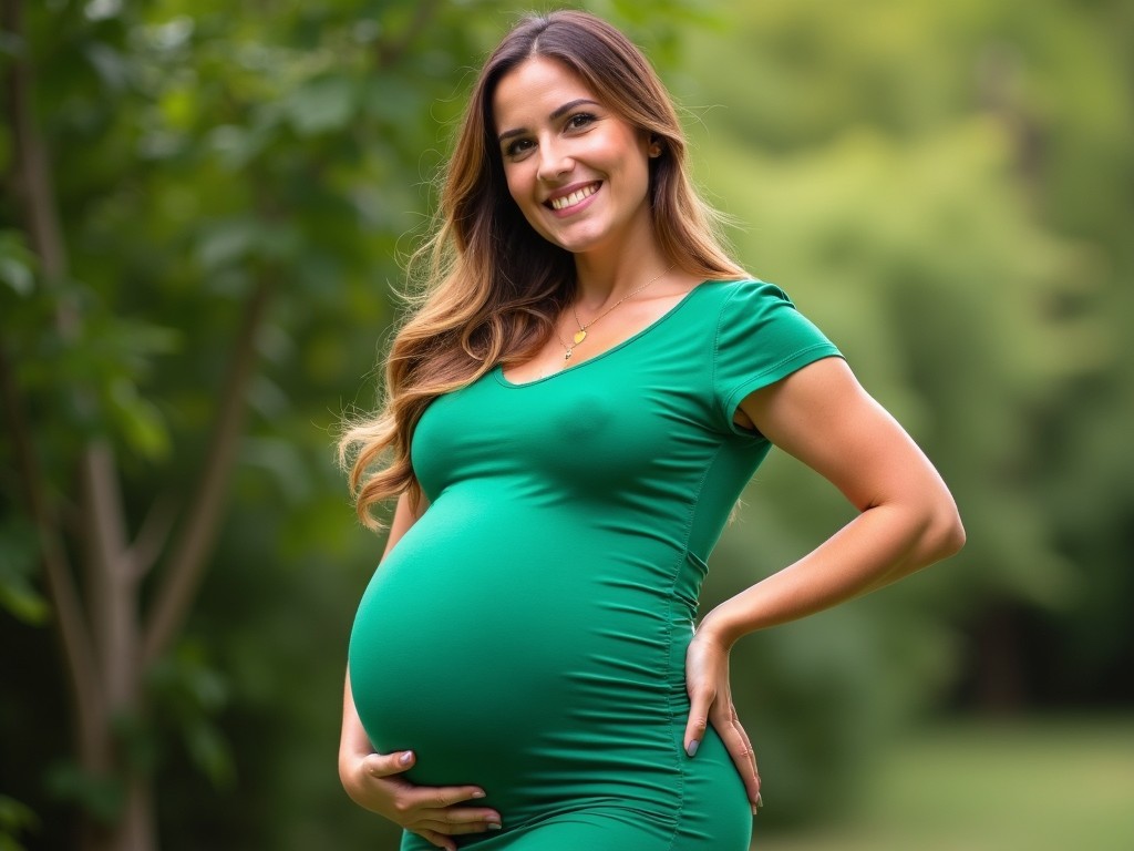 The image features a pregnant woman showcasing her joy and confidence outdoors. She's dressed in a fitted green dress that highlights her baby bump. The lush greenery in the background creates a serene atmosphere, complementing her happy demeanor. Her hair cascades in soft waves, and she smiles warmly at the camera. One hand is on her hip, while the other rests gently on her belly, emphasizing her pregnancy. The scene radiates warmth and positivity, capturing the beauty of motherhood.