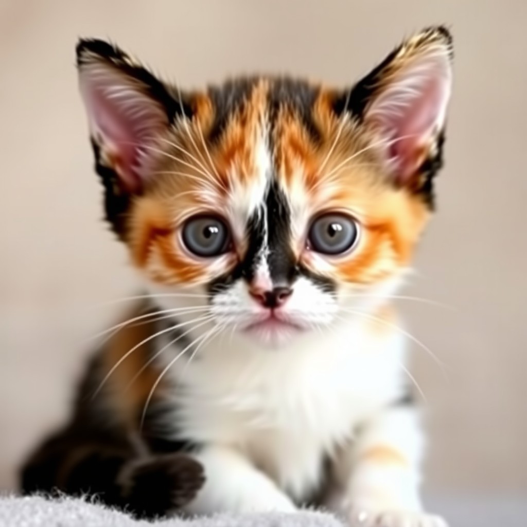 A close-up of an adorable calico kitten with striking eyes and colorful fur.