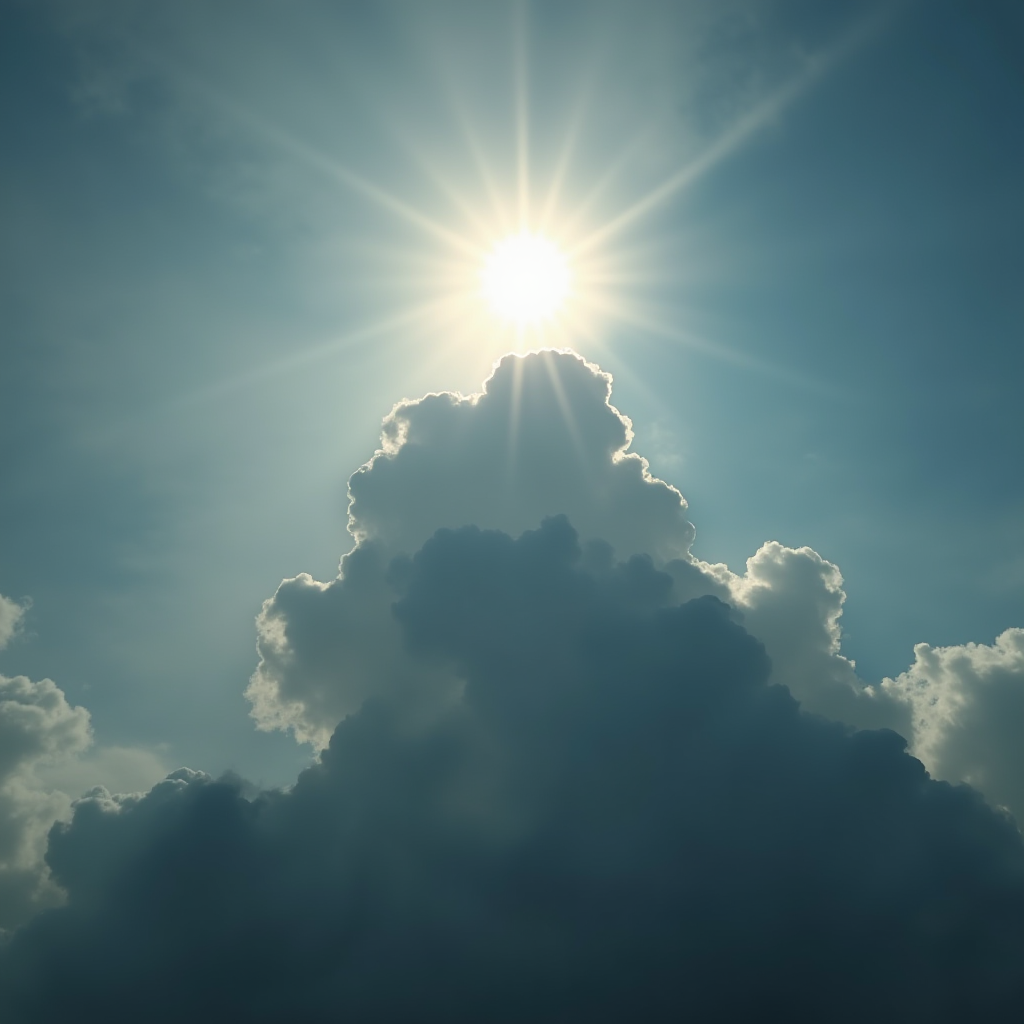 The sun shines brightly behind towering, fluffy clouds in a clear sky.