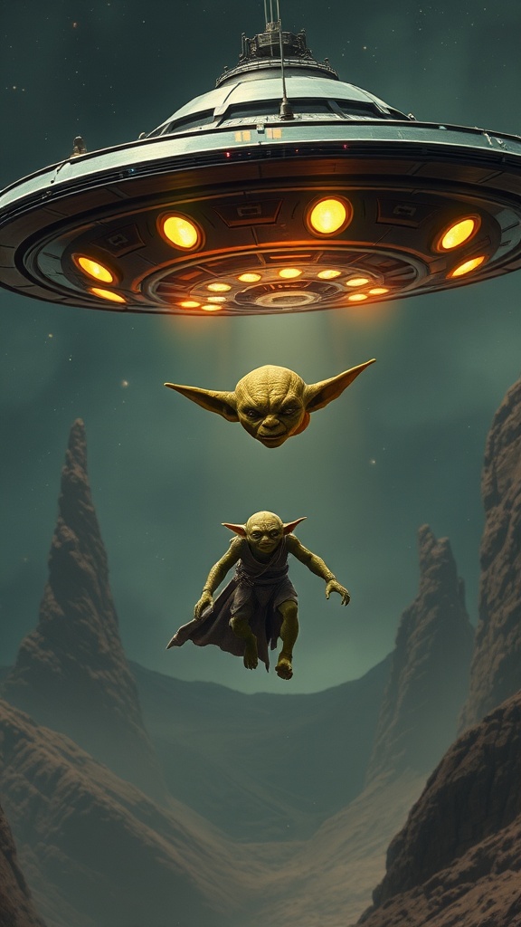 A fantastical scene depicting a UFO hovering over a barren, rocky landscape, casting a vibrant orange glow. Below the spacecraft, a small, green alien-like creature is suspended in mid-air, adding a sense of mystery and adventure to the scene. The distant mountainous backdrop and starry sky complete the otherworldly atmosphere.