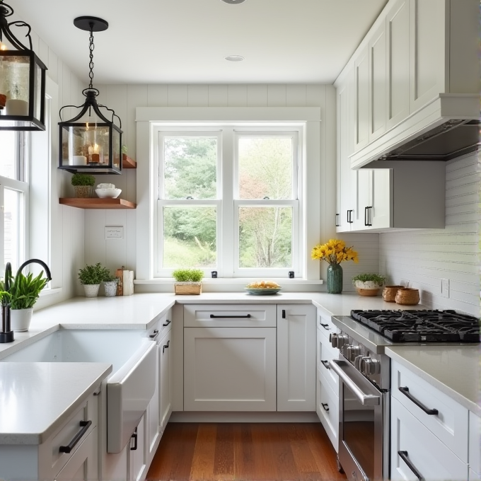 The kitchen is bright and modern with white cabinets, a large window, and green plants.