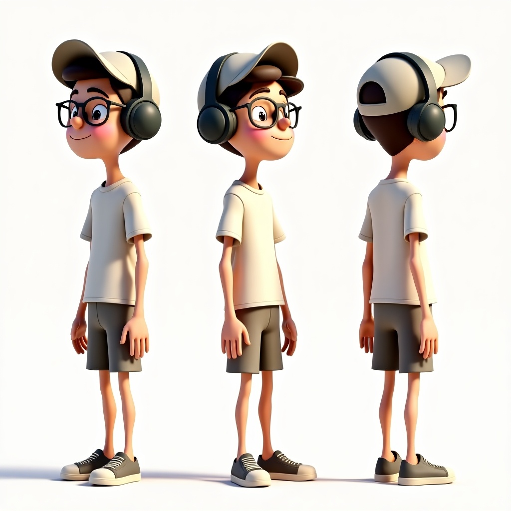 3D animated character displayed in three views. Character tall and thin. Wearing oversized headphones and cap. Dressed in simple t-shirt and shorts. Slip-on shoes and glasses. Playful and friendly demeanor. Bright lighting highlights casual outfit. Color palette consists of neutral tones for modern look.