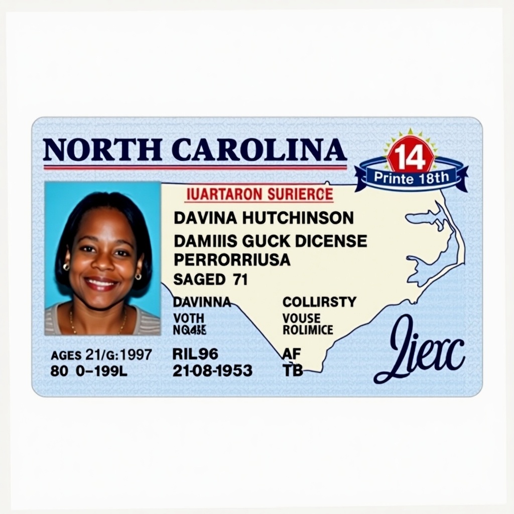 This image features a North Carolina license card. It prominently displays the name Davina Hutchinson, who is 71 years old, born on August 21, 1953. The card includes a clear headshot, adhering to official ID standards. The background incorporates a map of North Carolina, reinforcing the card's state identity. The color scheme uses blue, white, and red, giving it a professional appearance. This license card is designed for official use, mainly for identity and age verification.