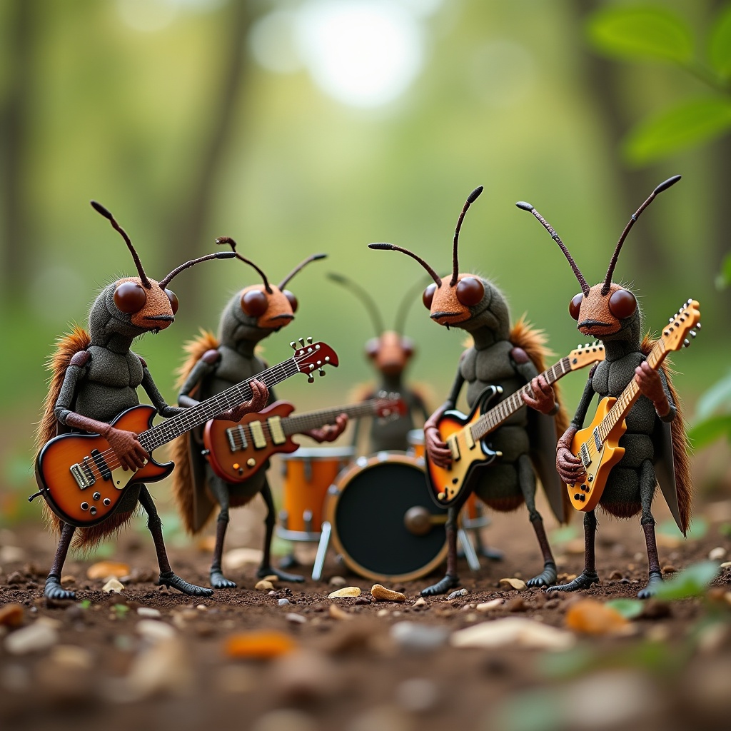 A group of insects plays rock music in an outdoor setting. They have anthropomorphic features, holding guitars and playing drums. The environment is earthy with a blurred background. The insects show engagement in their performance. The scene is whimsical and creative.