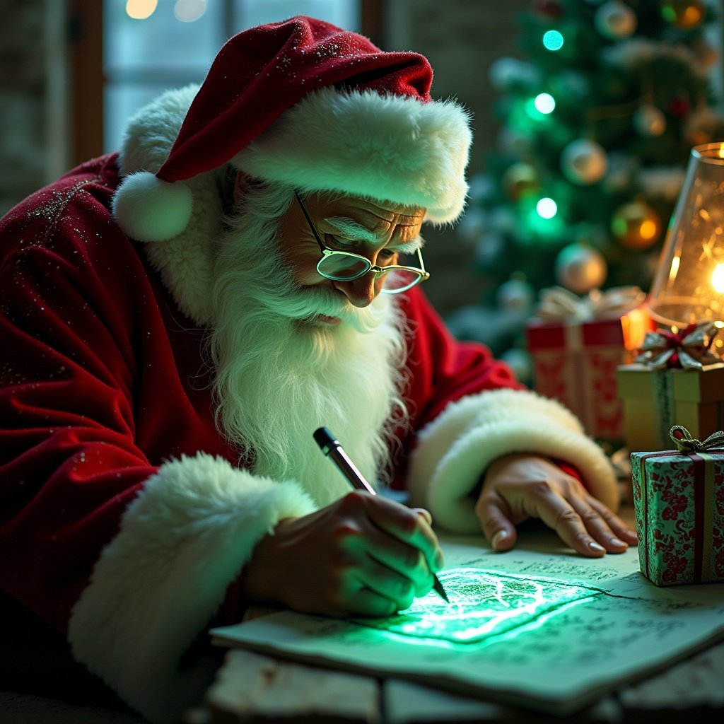 Christmas picture of Santa writing jade in colourful letters.