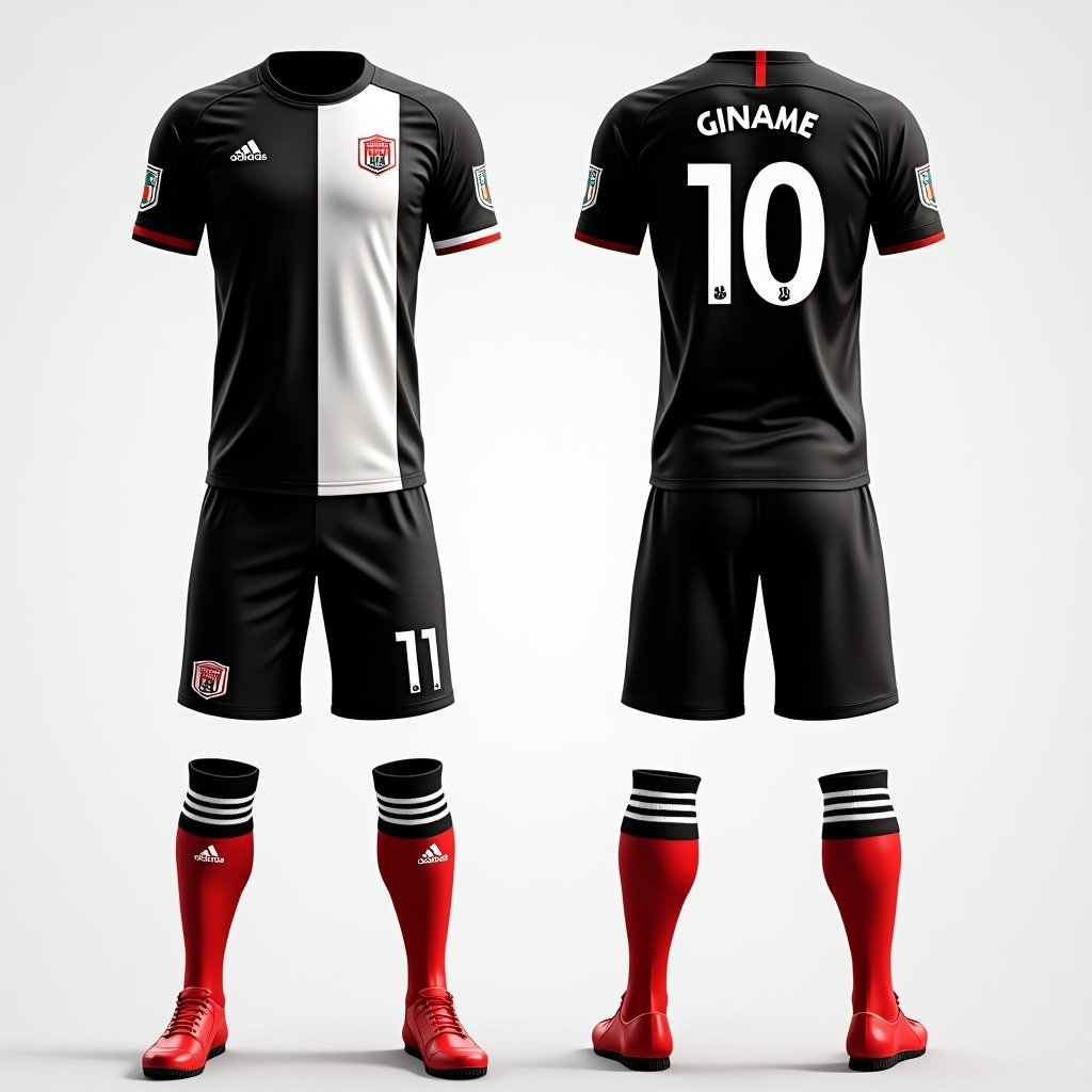 Design a modern football kit featuring black, white, red, and gray colors. Include a club logo on the left side of the chest. Display player name and number on the back of the jersey. Feature the text WE ARE GINGA on the neck and sides of the pants.