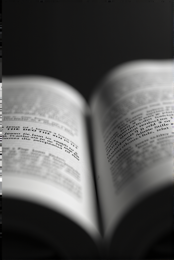 An open book with sharply focused text in the center, surrounded by blurred pages, symbolizing depth and introspection.