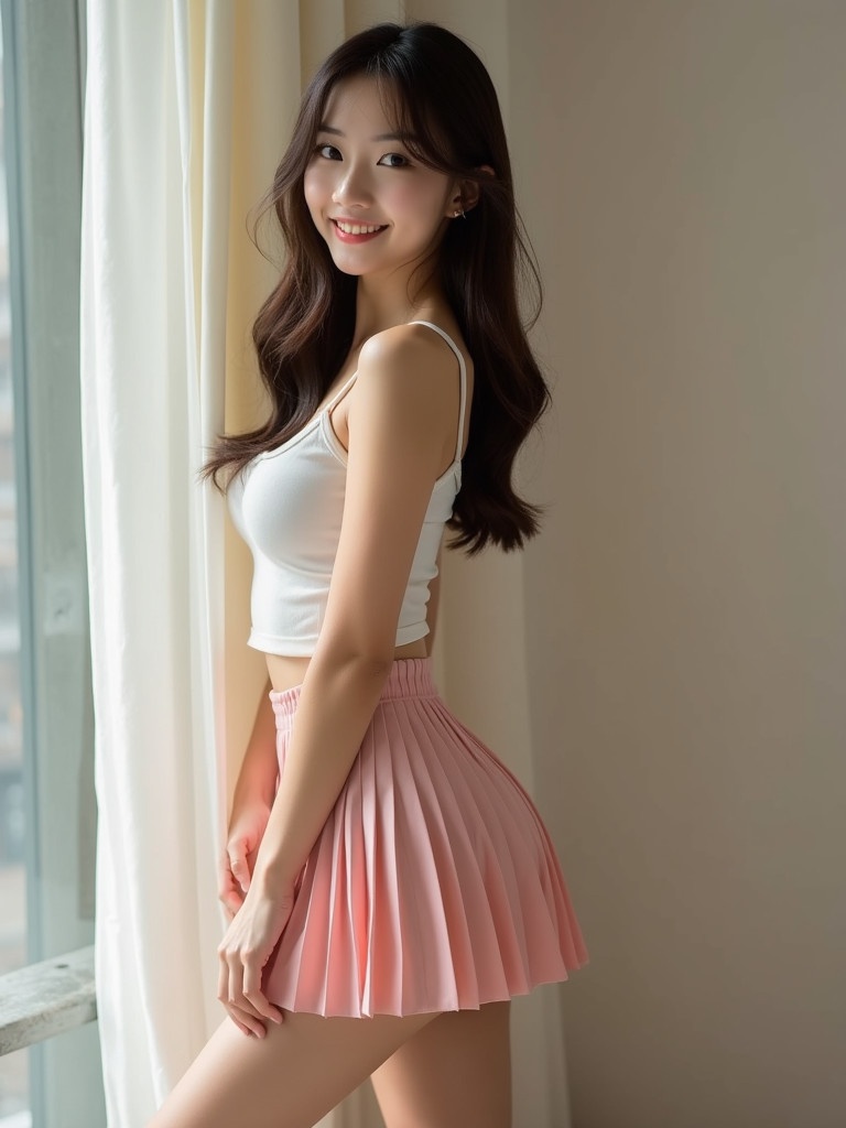 Asian girl poses in a micro mini pleated skirt. The model stands sideways showcasing her figure. Silhouette accentuated by soft natural light. Thighs are visible contrasting with the skirt.