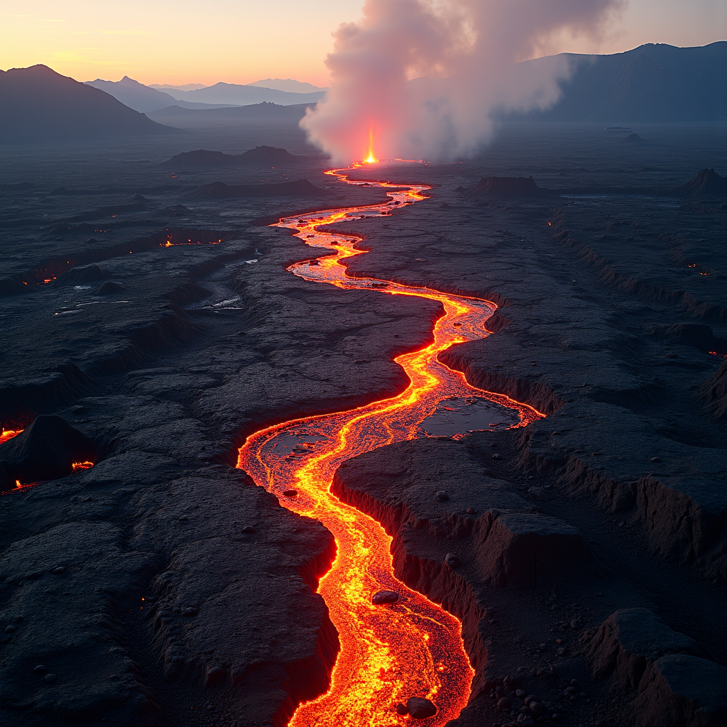 A glowing river of lava flows through a dark, rugged landscape with smoke rising in the distance.