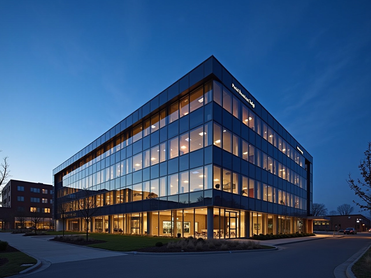 A modern office building with glass exterior, illuminated at night, showcasing a corporate and urban environment.