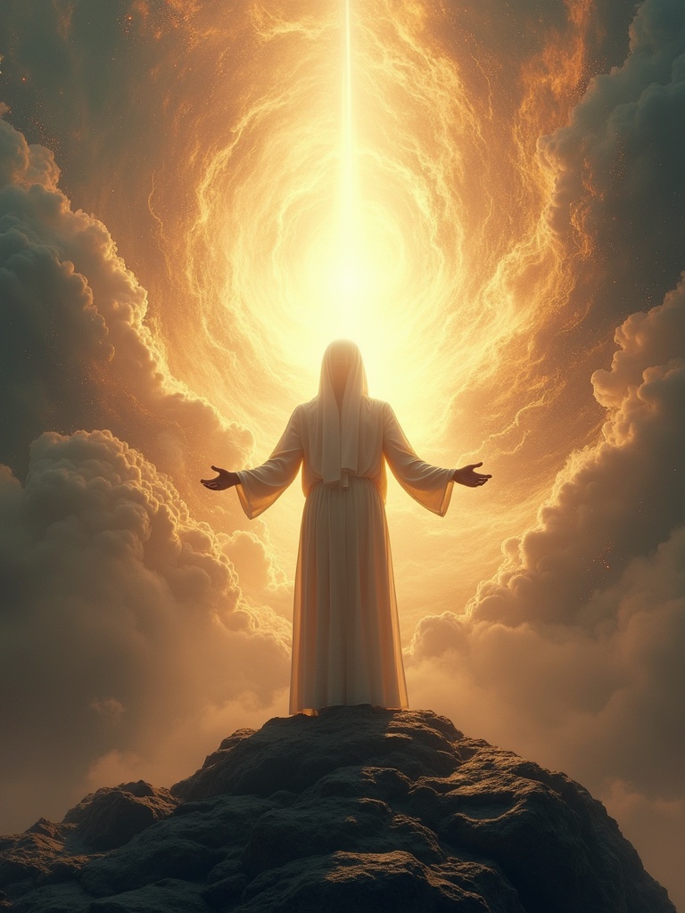 A divine figure stands on rocky terrain. This figure has arms lifted upwards. Behind is a radiant light source. The atmosphere appears heavenly with swirling patterns in clouds. Questions regarding the soul arise. There are themes contrasting good and evil. Spiritual enlightenment is depicted through light.