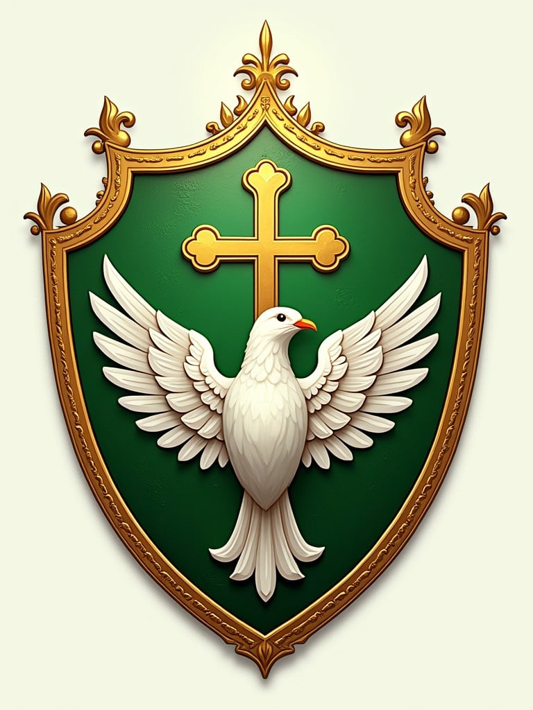 Design of a coat of arms featuring a gold dove a cross and Islam symbol. The overall scheme includes colors of gold green and white. The dove is placed prominently on a green shield.