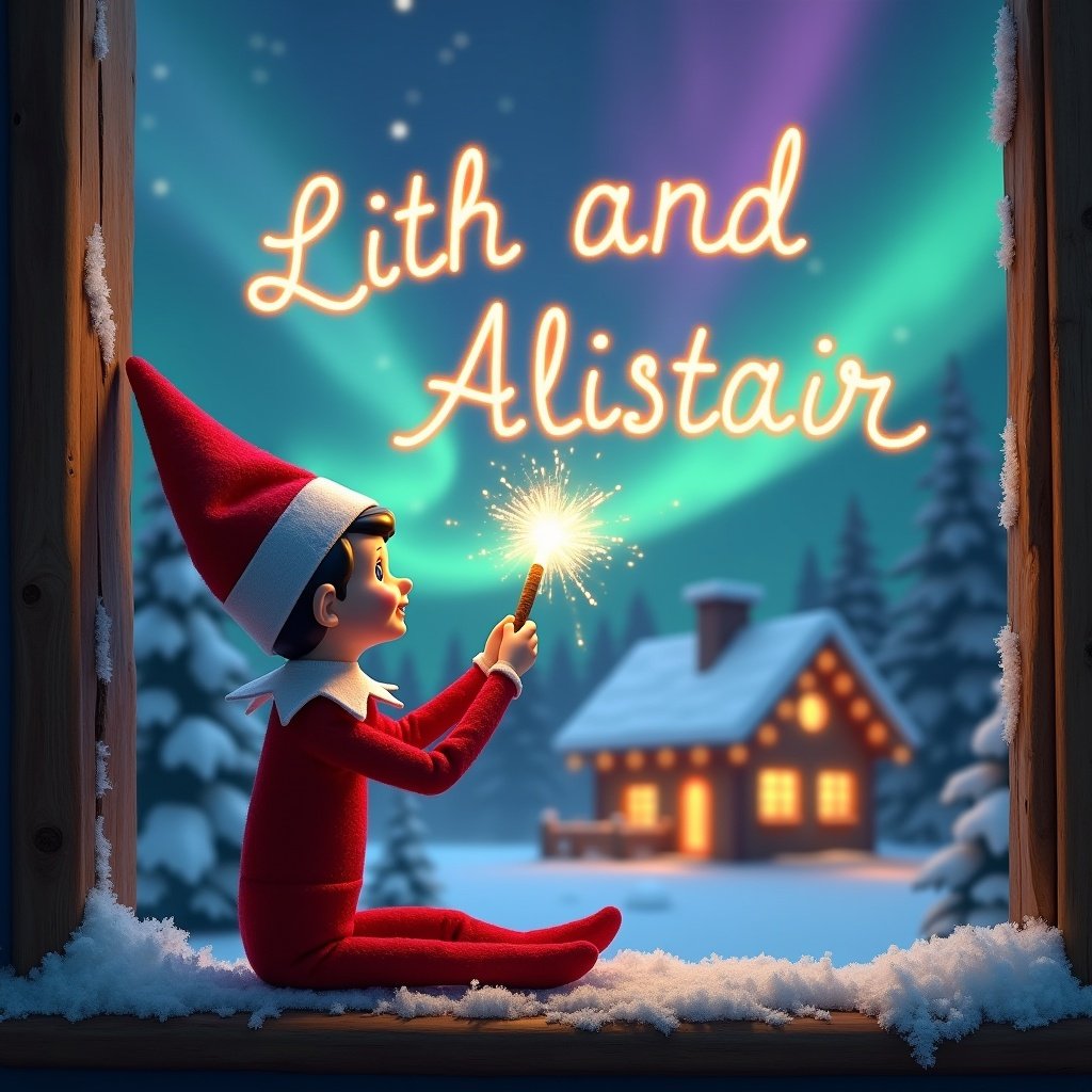 An elf on the shelf sits with its back to the viewer, gazing skyward. It holds a glowing wand that emits sparkling light. The background showcases a charming Christmas scene with colorful northern lights swirling above. In the distance, a cozy house can be seen, decorated for the holidays. Snow covers the ground, adding to the winter atmosphere. The elf is in a playful position, embodying the spirit of magic and wonder associated with Christmas. The name ‘Lilith and Alistair’ is written in the air using the wand, creating a sense of holiday cheer.