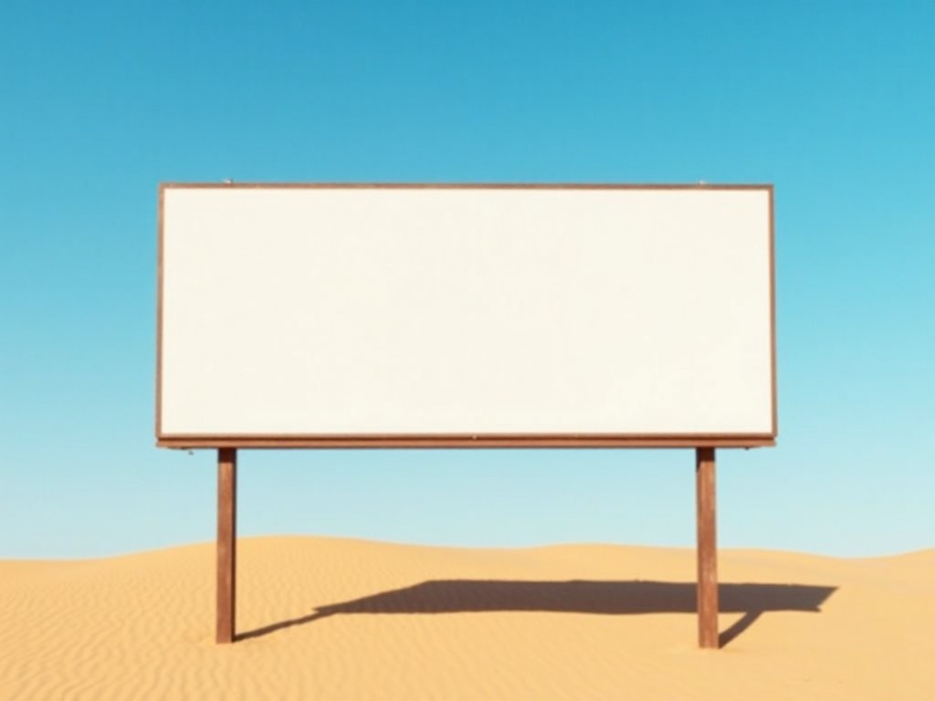 A large blank billboard stands prominently in a sandy desert. It is surrounded by vast stretches of golden sand under a bright blue sky. The billboard is designed with double sides, offering ample space for advertisements. This scene is free from any distractions, highlighting the billboard against the serene landscape. The sun casts a soft shadow from the structure, emphasizing its isolation in the desert environment.