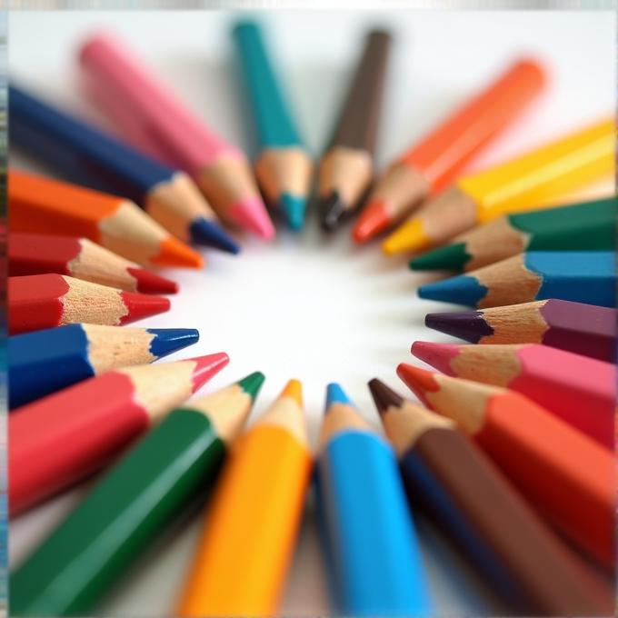 Colored pencils arranged in a circle with their tips pointing inward on a white surface.