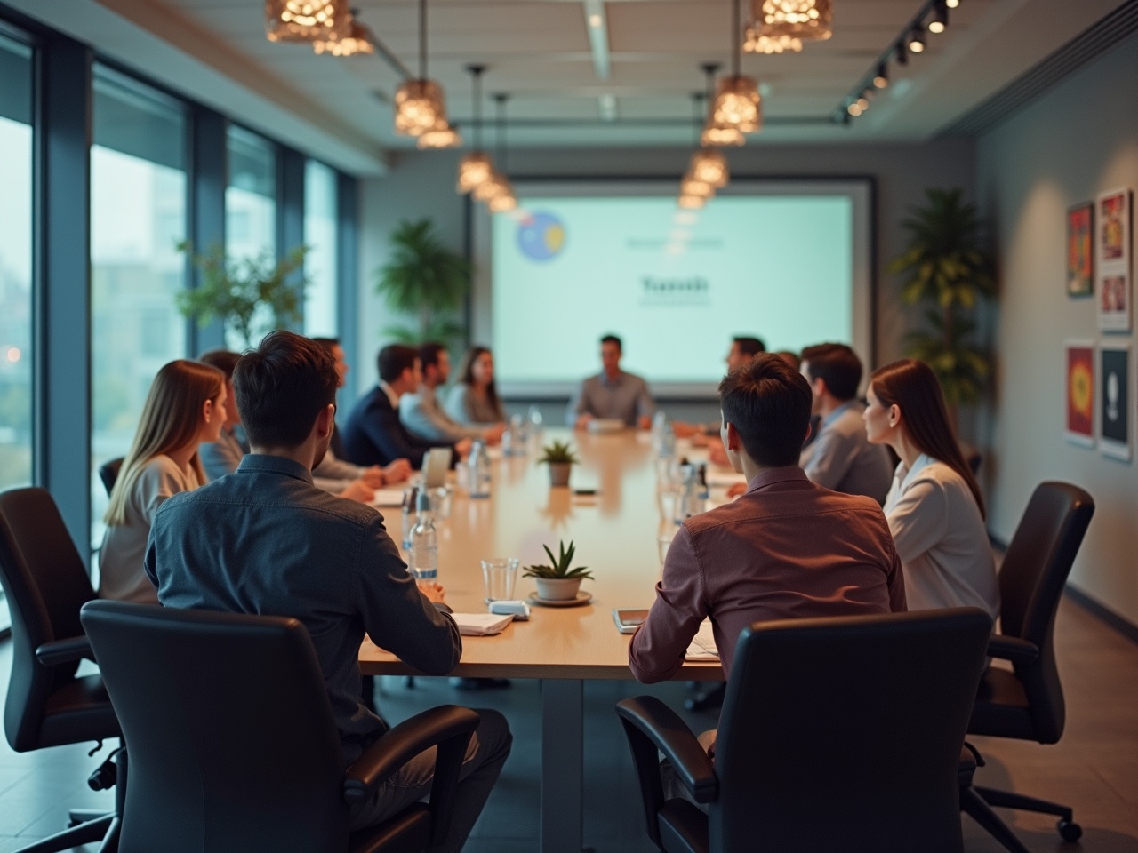 The image portrays a professional business meeting in a modern conference room. A diverse group of people is seated around a long table, actively engaging in discussions. The room features large windows with a view of the city, allowing natural light to brighten the space. Plants are strategically placed to add a touch of greenery. A screen in the background displays a presentation, indicating a focused work environment.