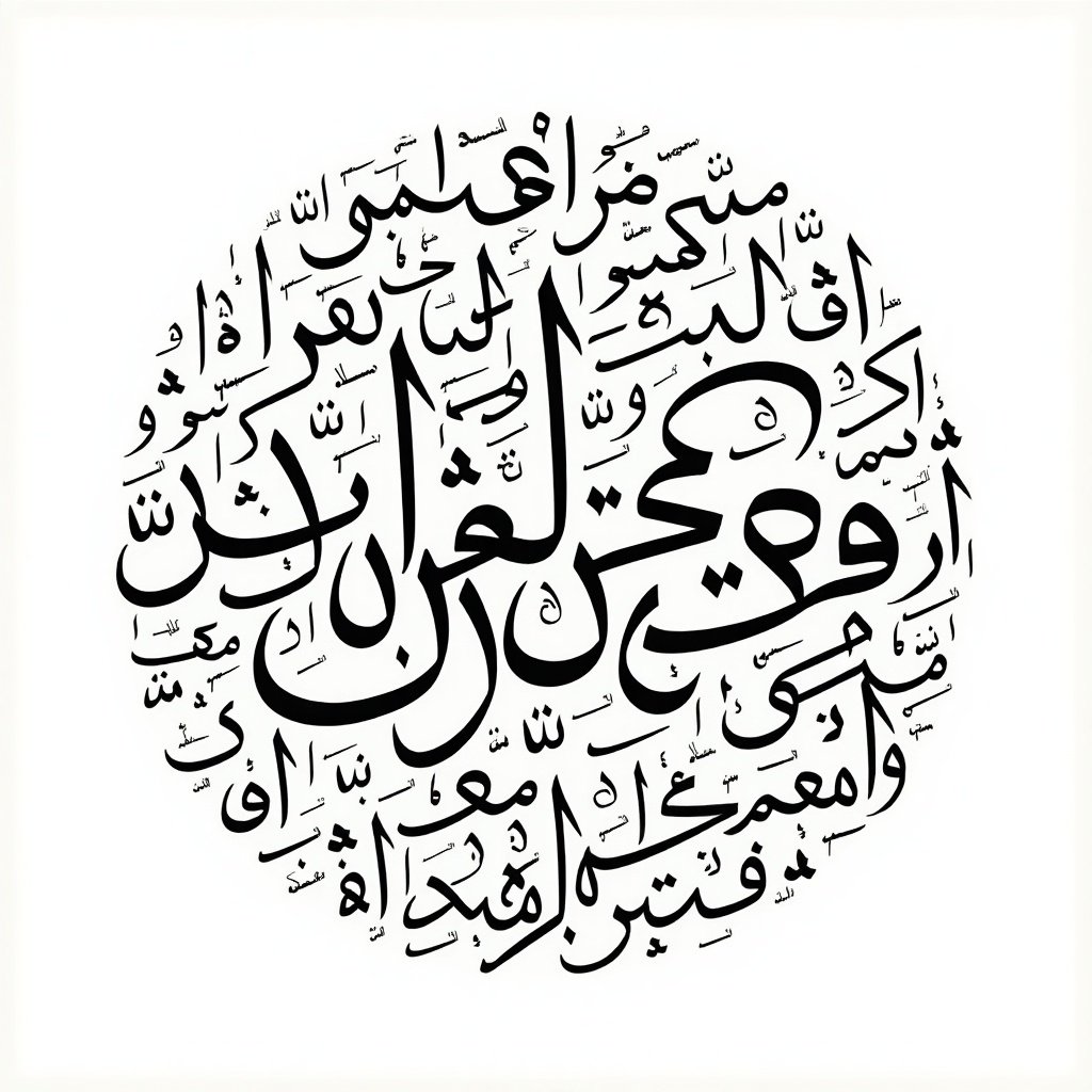 Handwritten Arabic calligraphy in circular shape. Names خيوط ورق included. Design fills area completely.