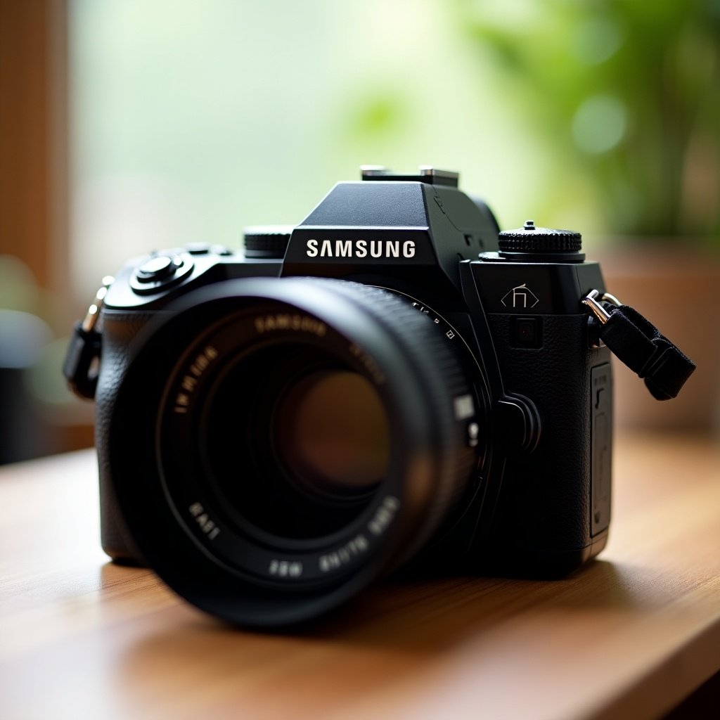 A camera from Samsung with a large lens on a wooden surface. The setting has soft natural light.