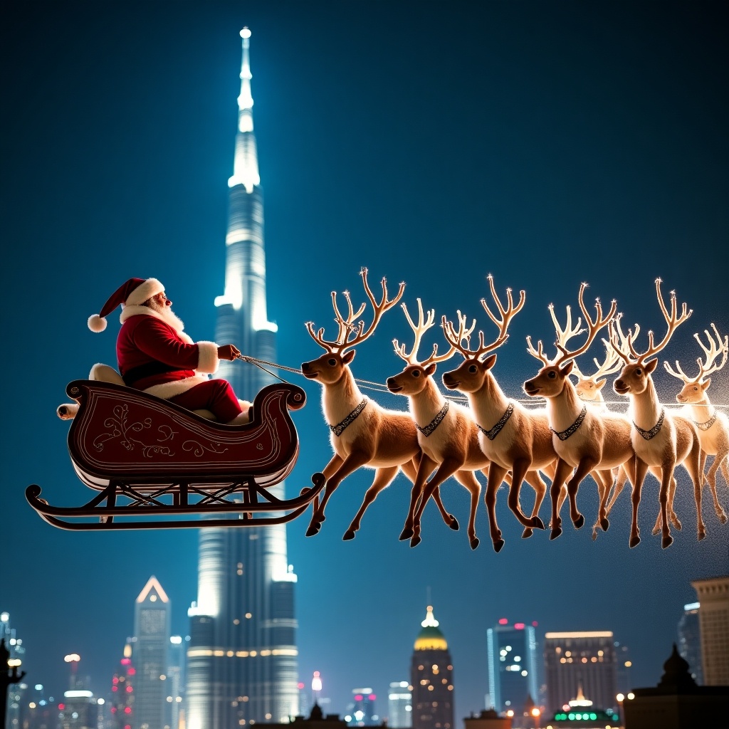 Cinematic aerial image of Santa Claus bringing Christmas cheer. Santa in a sleigh pulled by nine reindeer flying near the Burj Khalifa in Dubai. Sleigh leaves sparkling trail while flying in a horizontal eight shape.