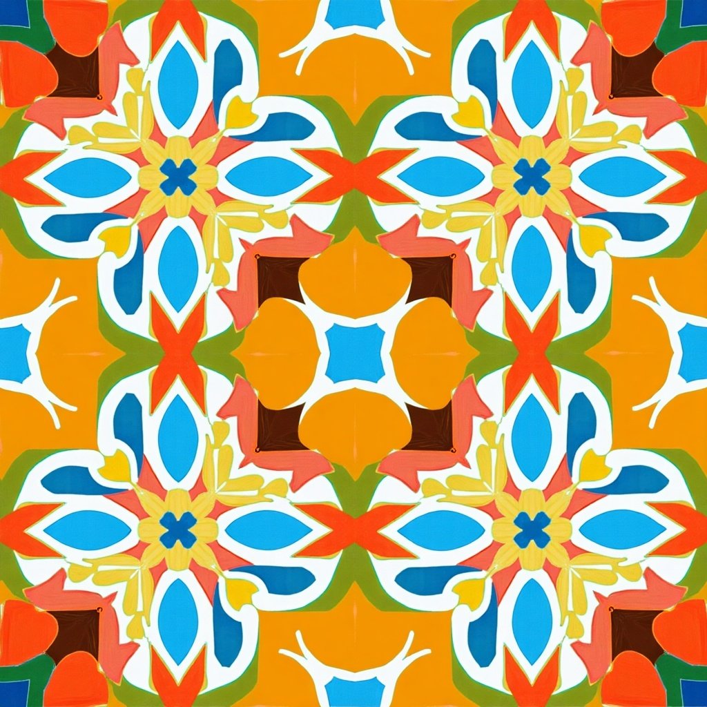 Pattern features colorful geometric shapes. Design includes symmetrical arrangements. Colors are vibrant and diverse. Shapes are abstract and fluid.