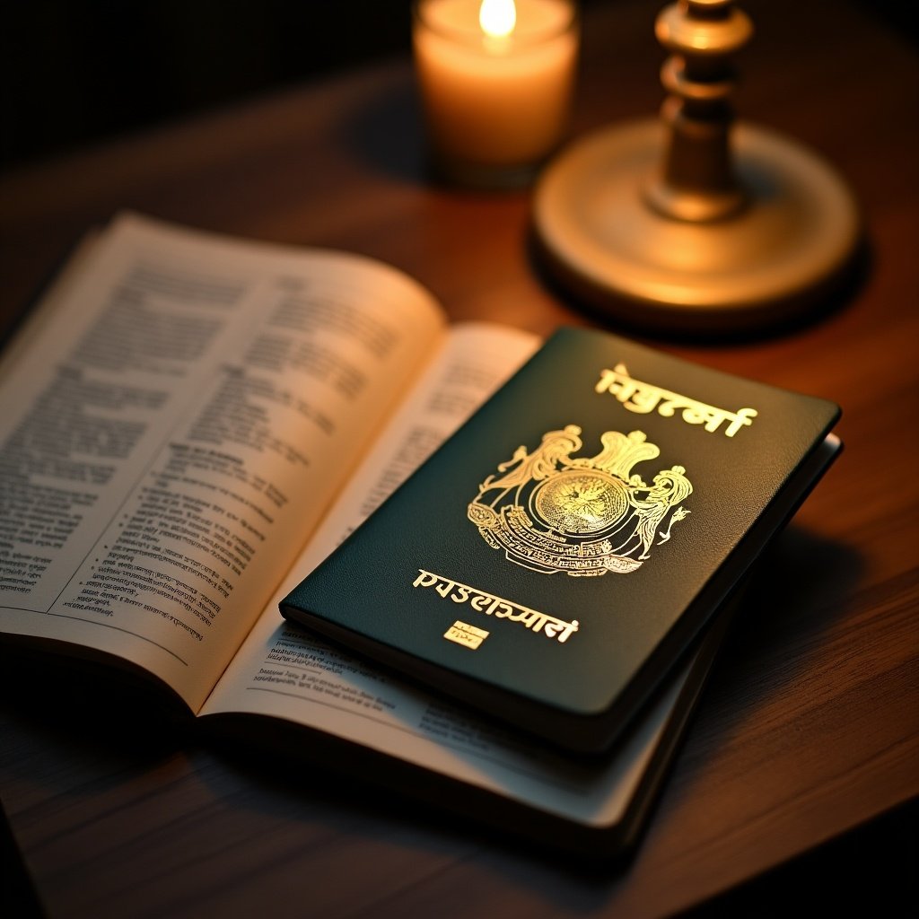 Bangladeshi passport placed on a wooden table next to an open book and a candle. Soft lighting creates a warm atmosphere. Focus on the passport and surrounding elements.