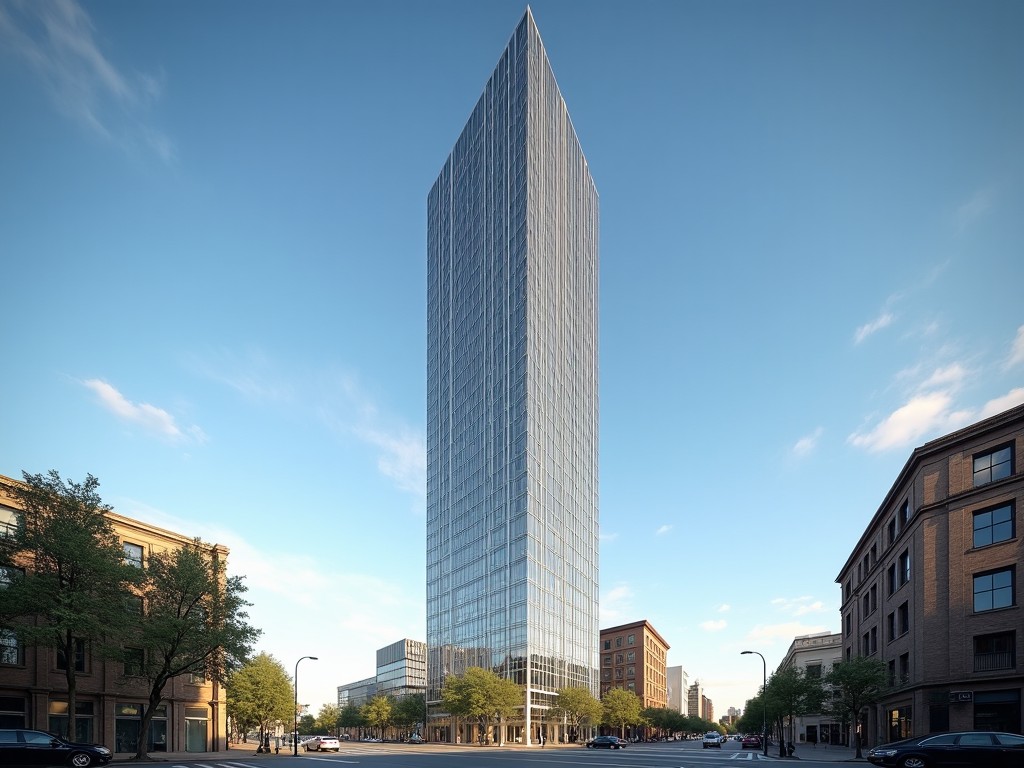 The image showcases a tall, modern building that towers above its surroundings. The structure features a sleek glass facade, reflecting the clear blue sky. Surrounding the building are trees and smaller, historical buildings that emphasize its height. The scene is bathed in natural daylight, enhancing the reflective quality of the glass. This urban setting combines contemporary architecture with traditional elements, creating a striking visual contrast.