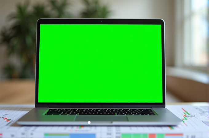 A laptop with a green screen sits on top of printed charts, in a softly lit room with blurred background plants.