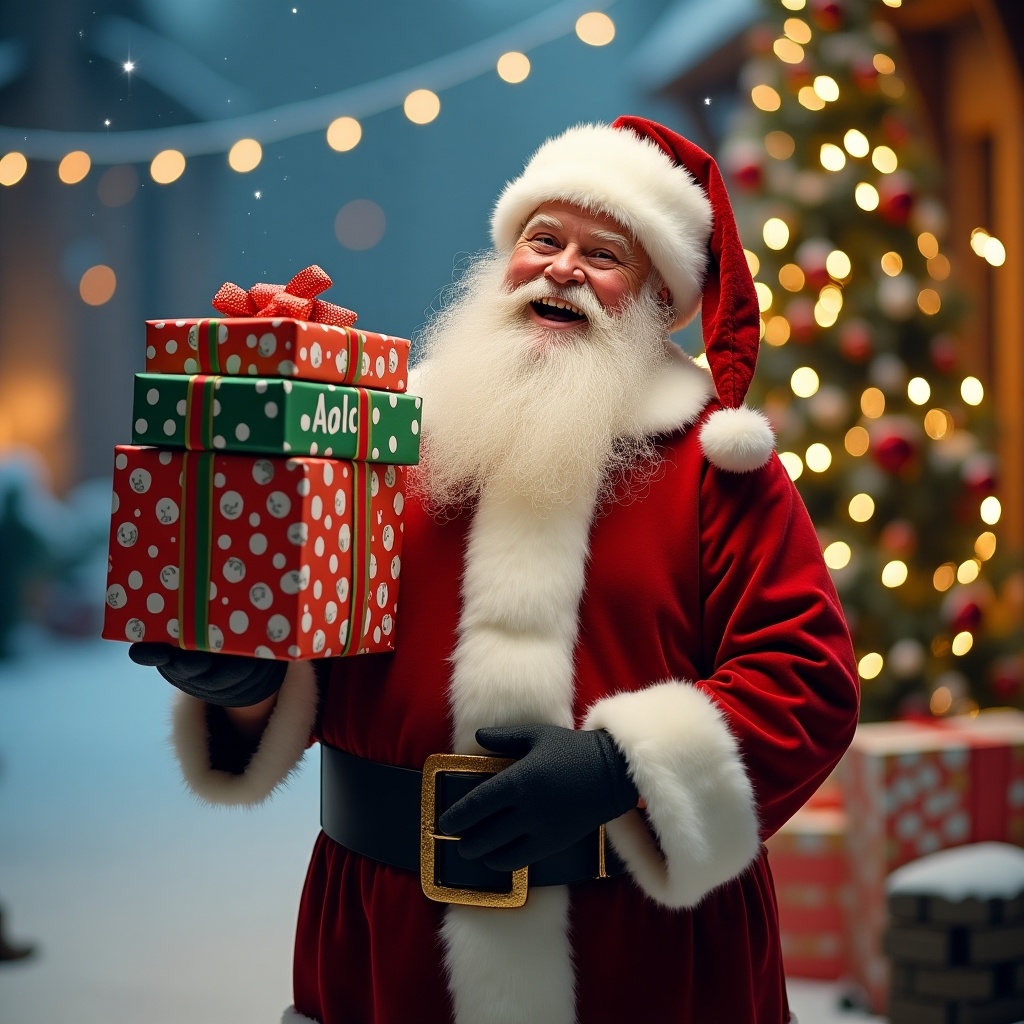 Picture of a joyful Santa Claus in a snowy scene. Santa wears a traditional red outfit and holds gifts. Christmas tree glowing in the background. Snowflakes falling, creating a festive atmosphere.