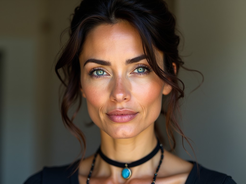 Portrait of a woman with striking blue eyes, elegant hairstyle, wearing a black necklace with turquoise pendant, soft natural lighting