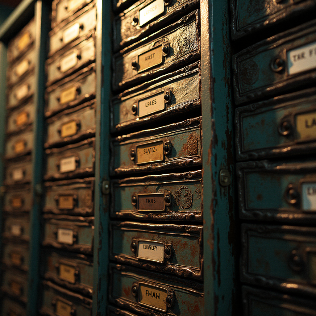 A row of aged, label-adorned drawers with a vintage, industrial appearance and worn blue paint.