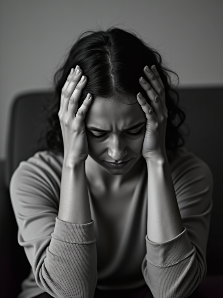 A woman sits with her hands on her head, showing a worried expression.