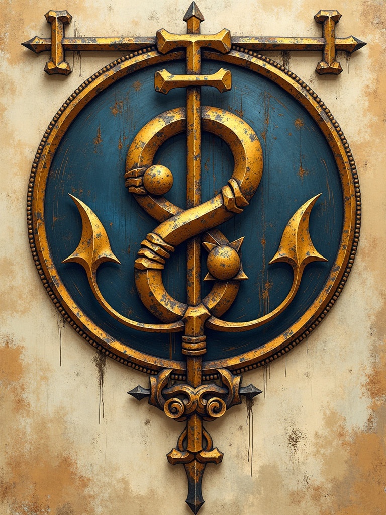 Detailed artistic rendering of a Sowilo rune symbol. The symbol features two arms holding orbs with additional pointed elements. It has a golden color against a blue background. The texture appears weathered and aged with hints of grunge.